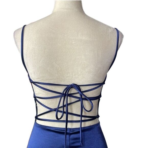Windsor Elegant Blue Satin Mini Bodycon Dress w/Lace Up Corset Back (Size: S) - Picture 6 of 15